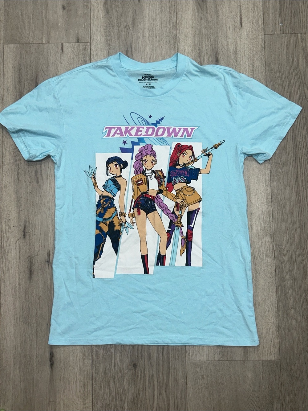 KPOP Demon Hunters Netflix Light Blue 'Takedown' Graphic Tee - Women's Top MD